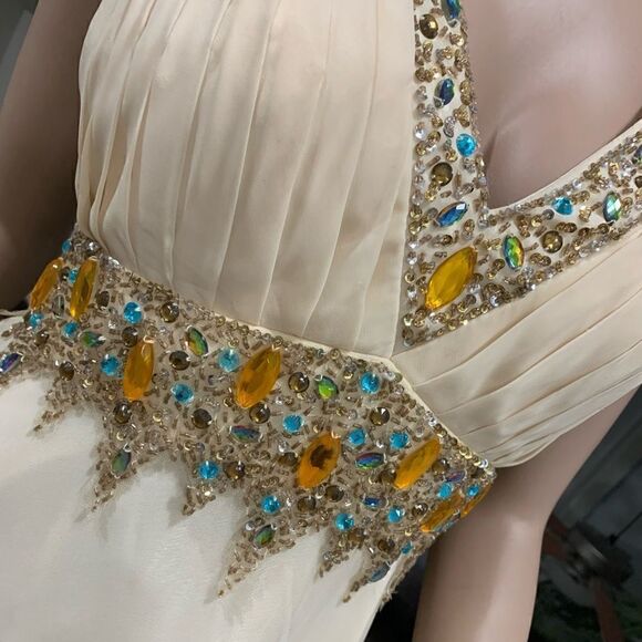 New Sexy V-Neck & Cross Back Beaded Halter Evening Dress - Picture 9 of 16